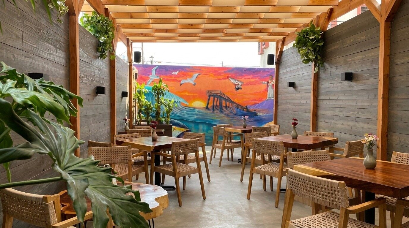 BOXHA Cafetería & Brunch Patio de BOXHA Cafetería & Brunch en Rosarito: pérgola de madera, mesas de madera con sillas tejidas, plantas colgantes y un mural del atardecer con el muelle, gaviotas y el Cristo de Rosarito