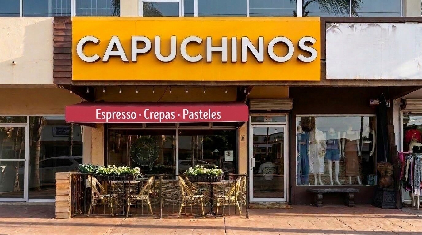 Fachada de Café Capuchino’s en el Blvd. Benito Juárez de Rosarito: letrero amarillo «CAPUCHINOS», toldo rojo «Espresso · Crepas · Pasteles», terraza con sillas de bistró y un pendón de «Coffee Shop»
