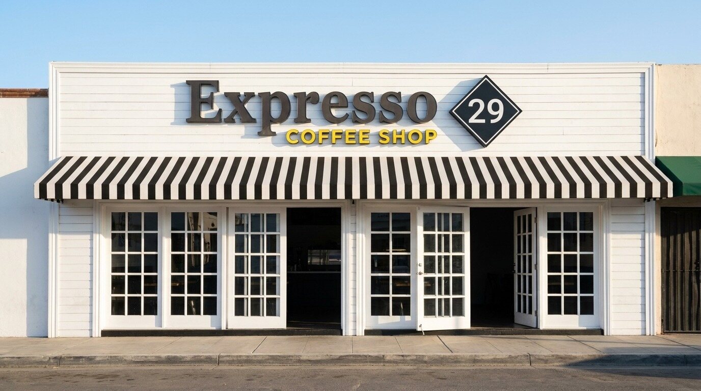 Fachada de Expresso 29 en el Blvd. Benito Juárez de Rosarito: letrero «Expresso 29 · Coffee Shop» con el 29 dentro de un rombo negro, toldo de rayas negras y blancas y puertas de cuadrícula blanca abiertas