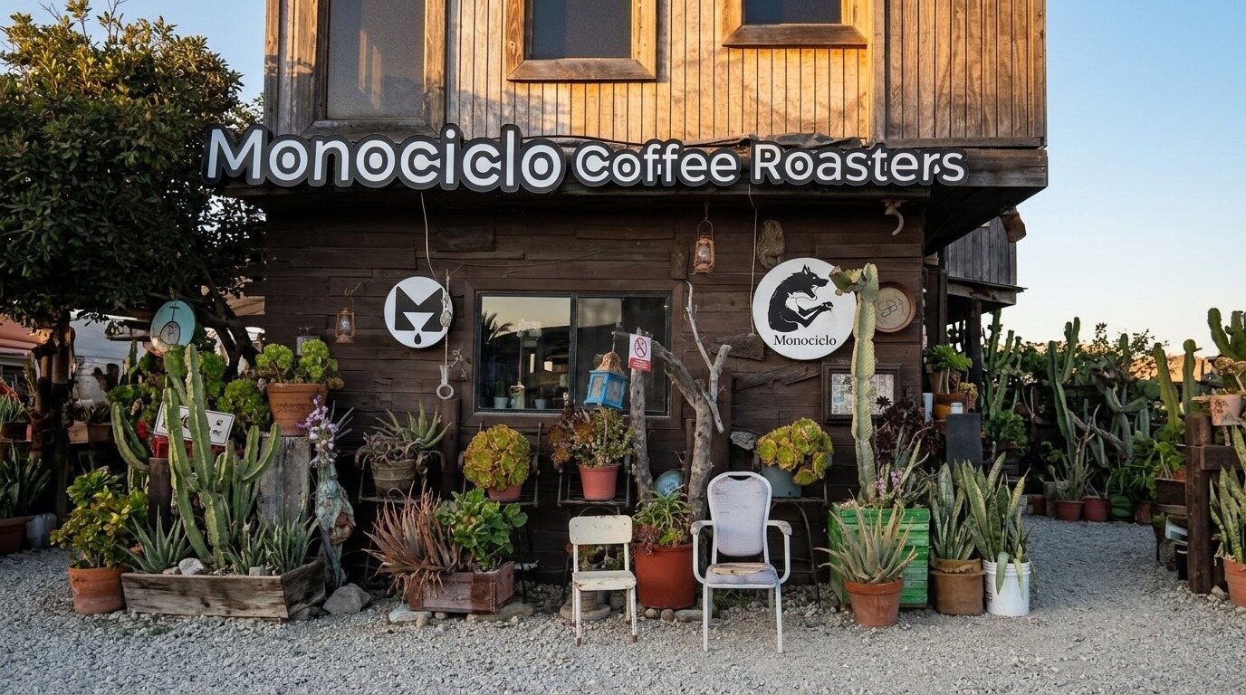 Fachada de Monociclo Coffee Roasters, cafetería en el Blvd. Popotla, Playas de Rosarito