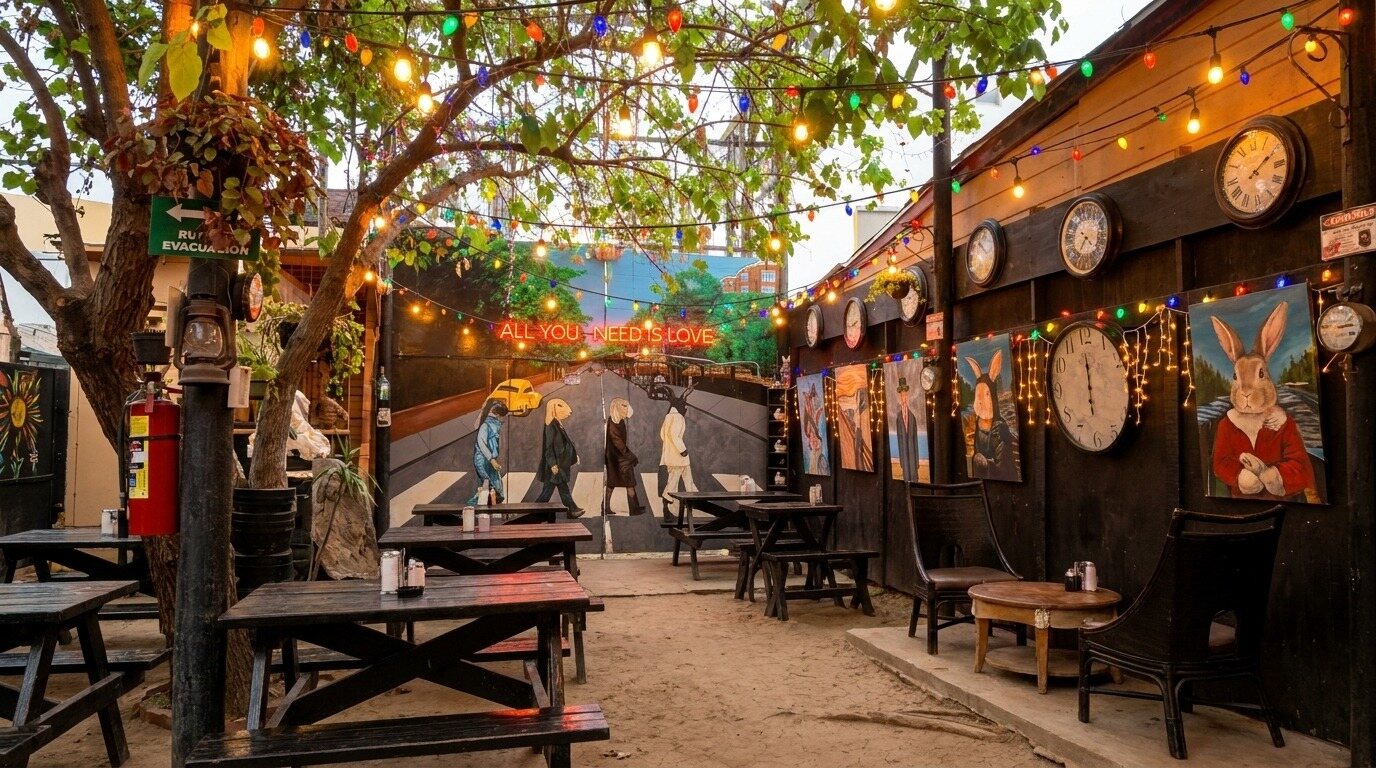 The patio at Patio del Conejo: wooden tables under a tree strung with colored lights, wall clocks, rabbit paintings and a mural of rabbits crossing the street