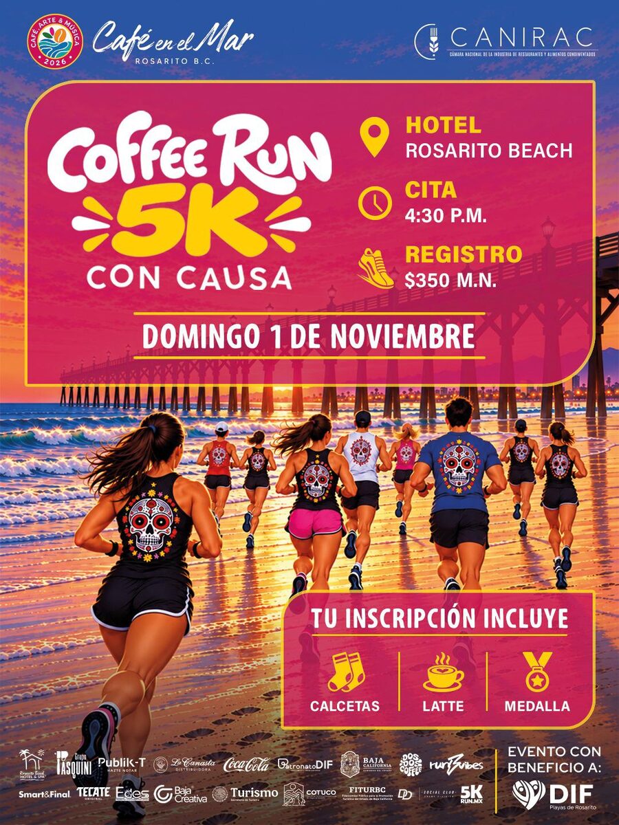 Cartel oficial de la Coffee Run 5K con Causa de Café en el Mar 2026, domingo 1 de noviembre, Hotel Rosarito Beach