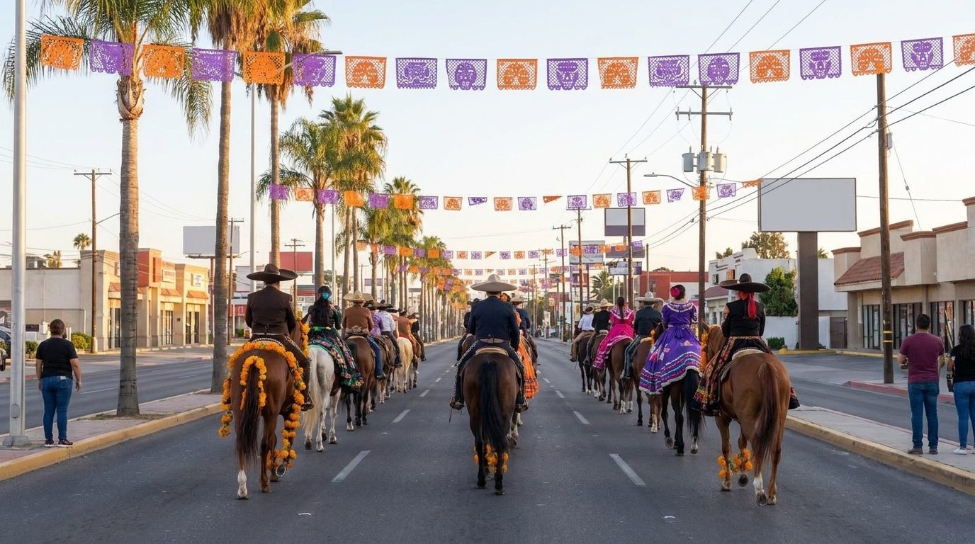 Jinetes con trajes de charro y vestidos de catrina sobre caballos adornados con cempasúchil, de espaldas, avanzando por un bulevar con palmeras y papel picado