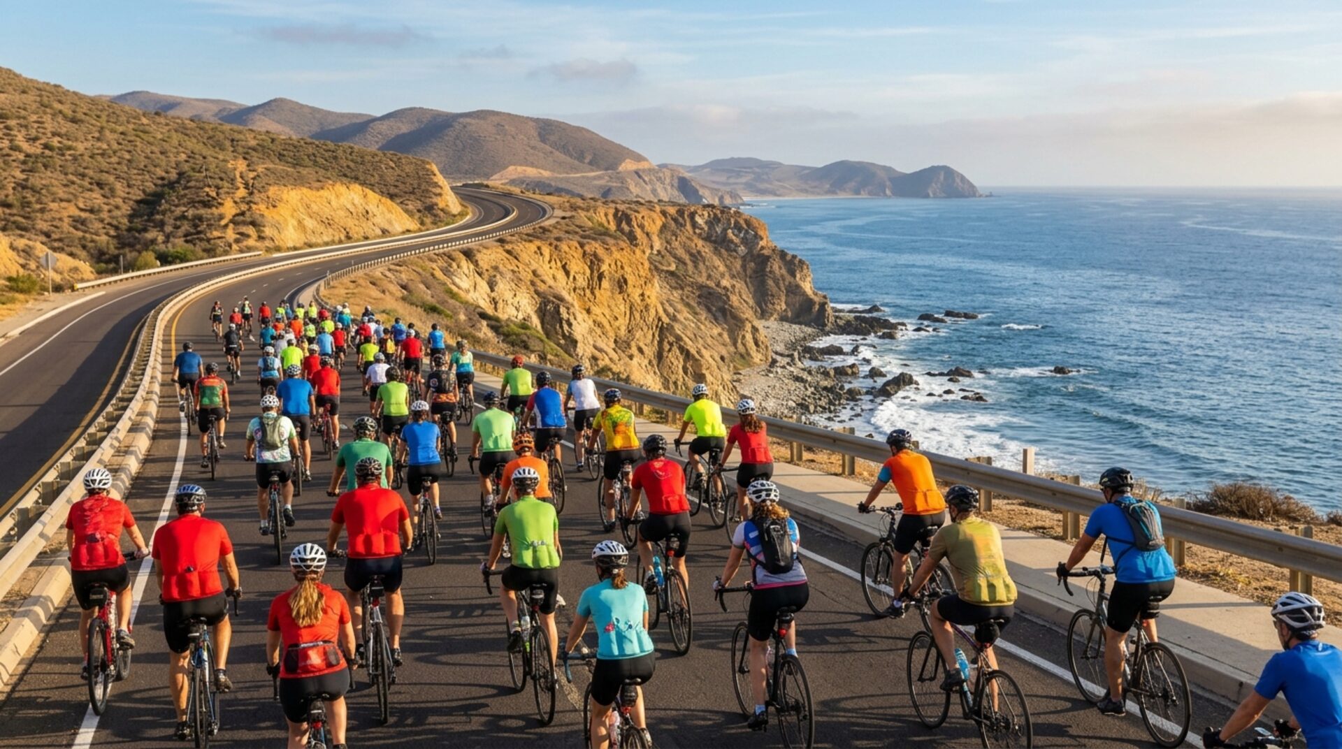 Cyclists riding the Pacific coastal highway toward Ensenada Cyclists riding the Pacific coastal highway toward Ensenada