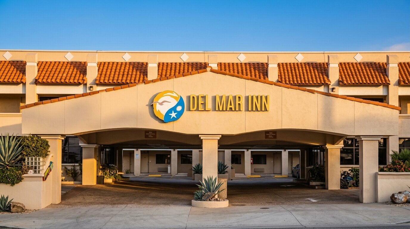 La entrada del Del Mar Inn sobre el Blvd. Benito Juárez, con su logo de gaviota.