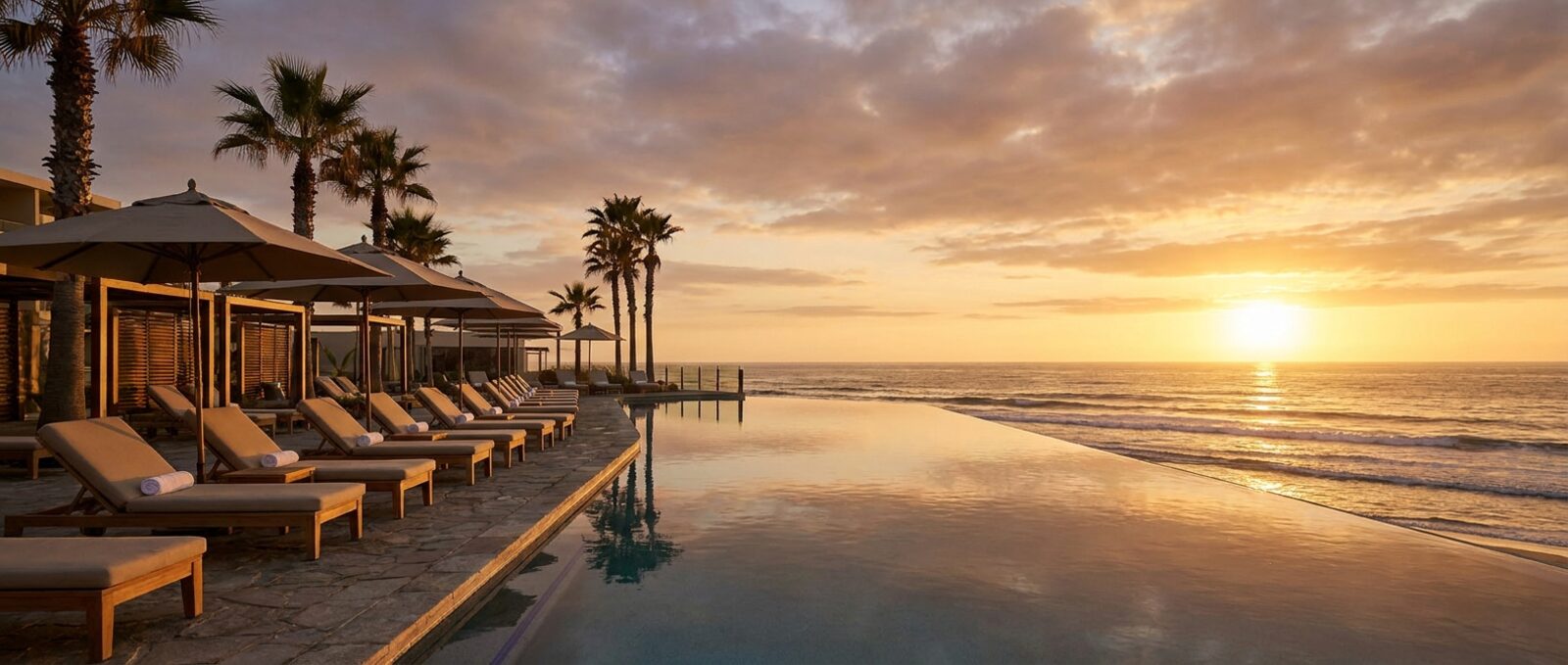 Alberca de resort frente al Pacífico en Rosarito al atardecer