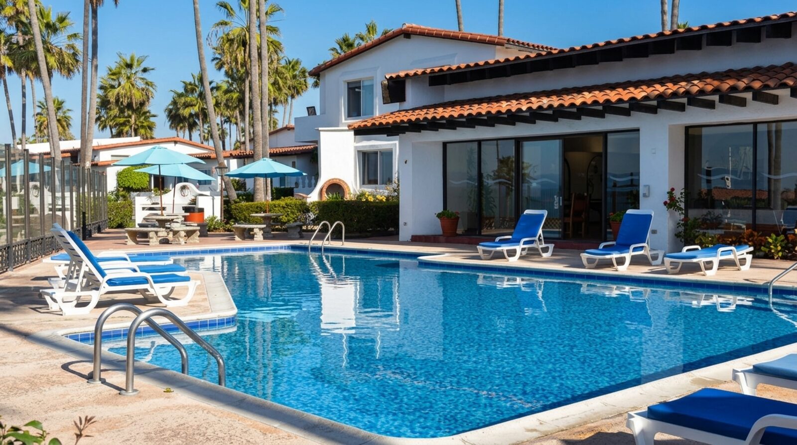 Una de las cuatro albercas del complejo, entre los condominios de estilo colonial.