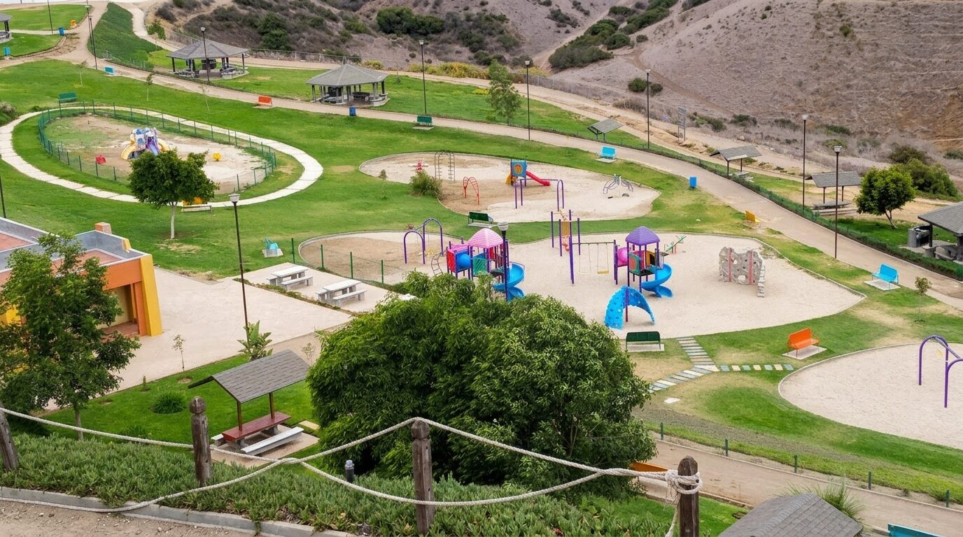 Parque Metropolitano — El parque grande de la ciudad: juegos, palapas, asadores, ciclopista y senderos en los cerros de Rancho Altamira. Parque Metropolitano, Rosarito, Baja California